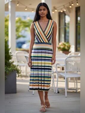 Milly Women A-Line Midi Stripped Knit Sleeveless and Pleated Dress Size L